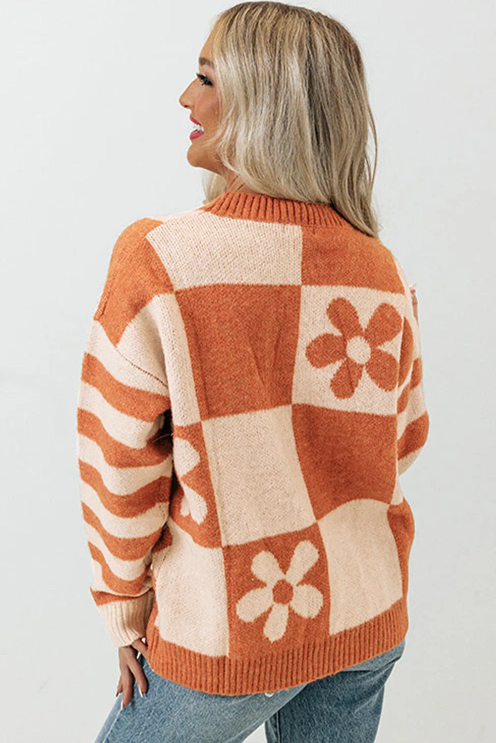 Women's Checkered Floral Print Striped Sleeve Sweater Pullover