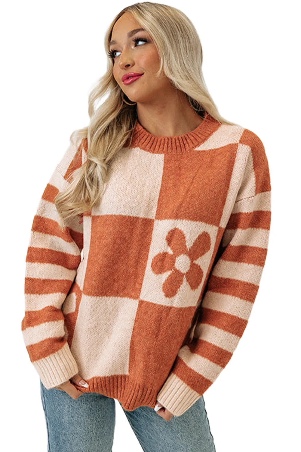 Women's Checkered Floral Print Striped Sleeve Sweater Pullover