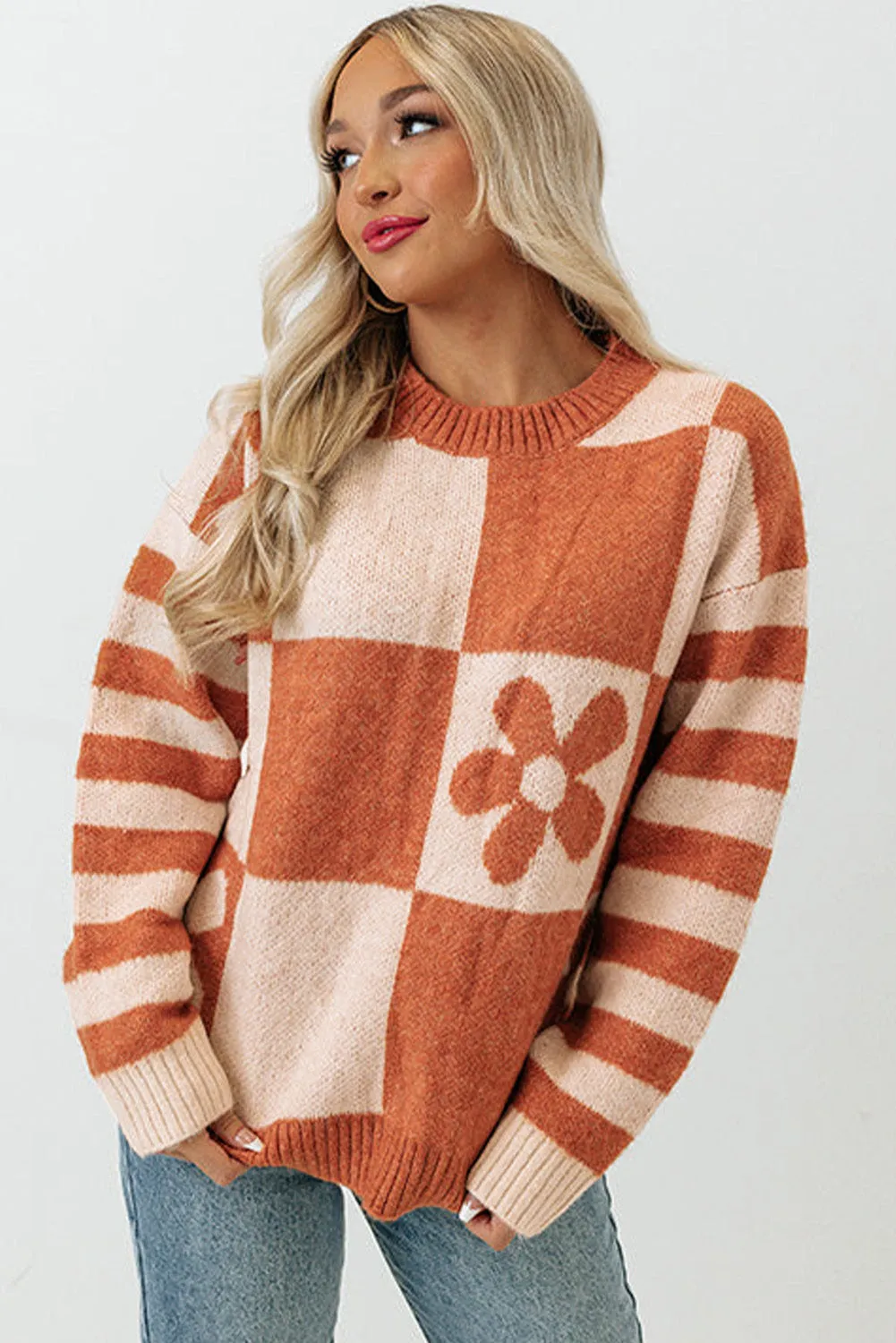 Women's Checkered Floral Print Striped Sleeve Sweater Pullover