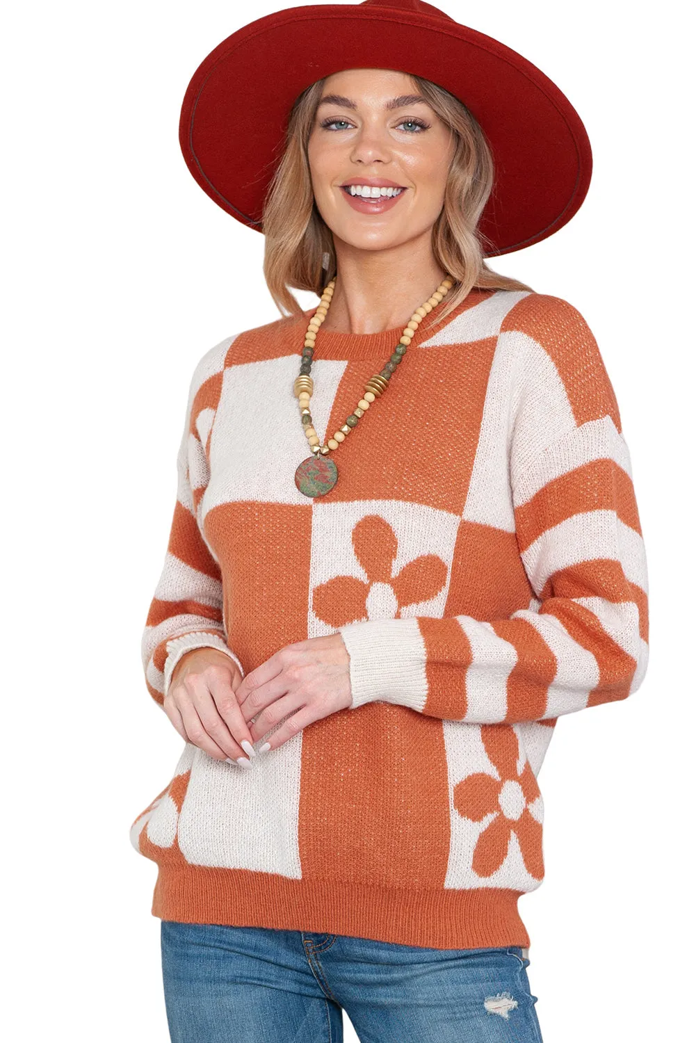 Women's Checkered Floral Print Striped Sleeve Sweater Pullover