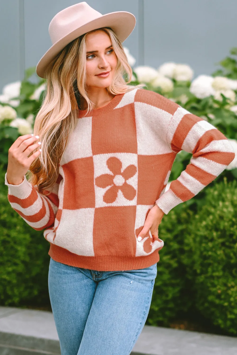 Women's Checkered Floral Print Striped Sleeve Sweater Pullover