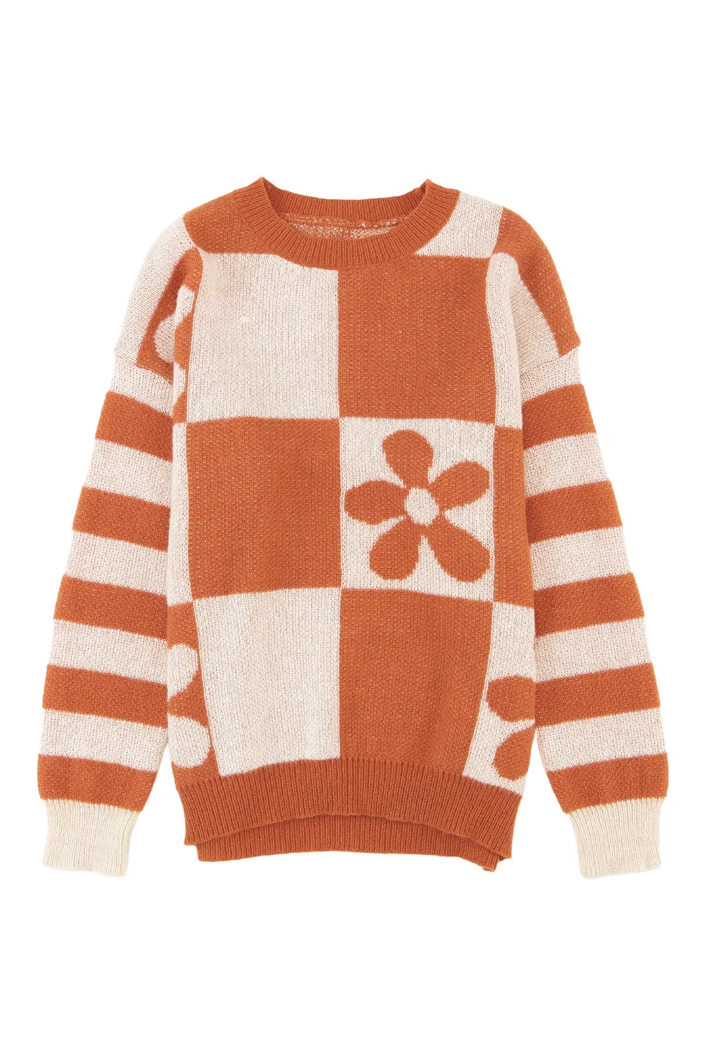 Women's Checkered Floral Print Striped Sleeve Sweater Pullover