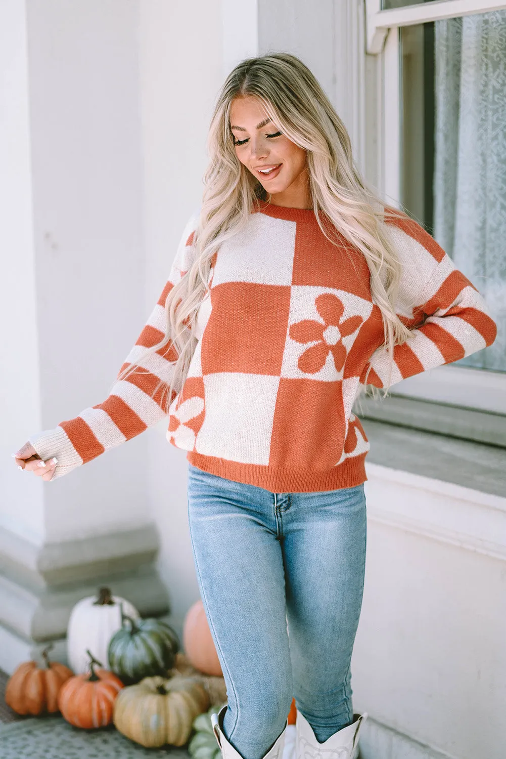 Women's Checkered Floral Print Striped Sleeve Sweater Pullover