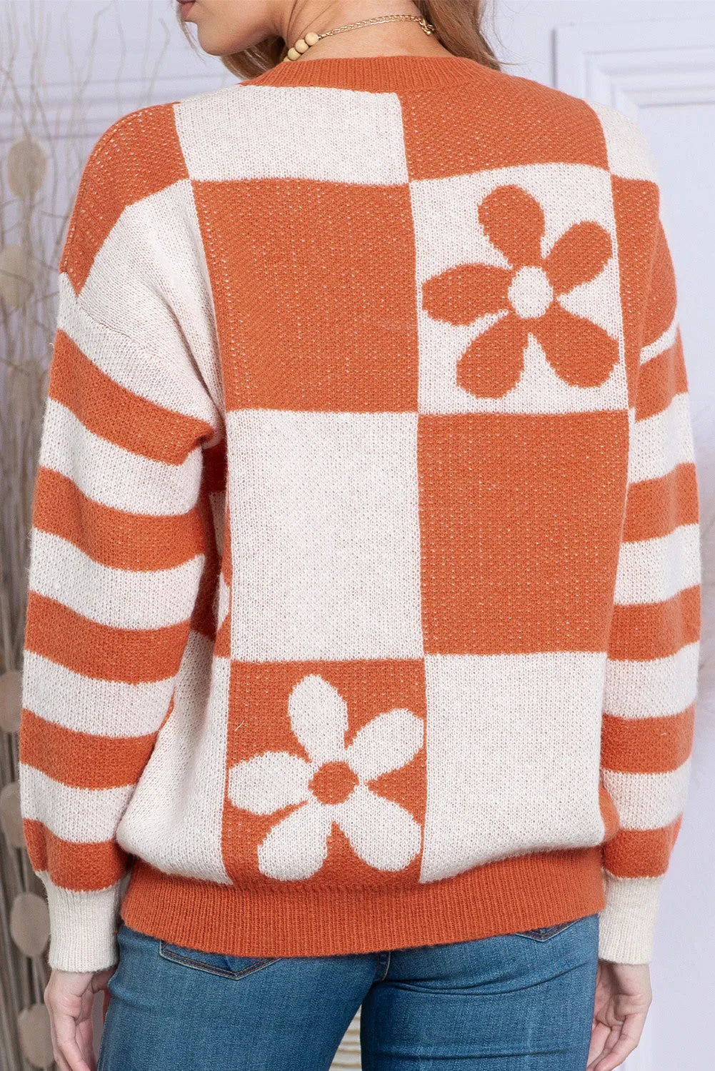 Women's Checkered Floral Print Striped Sleeve Sweater Pullover