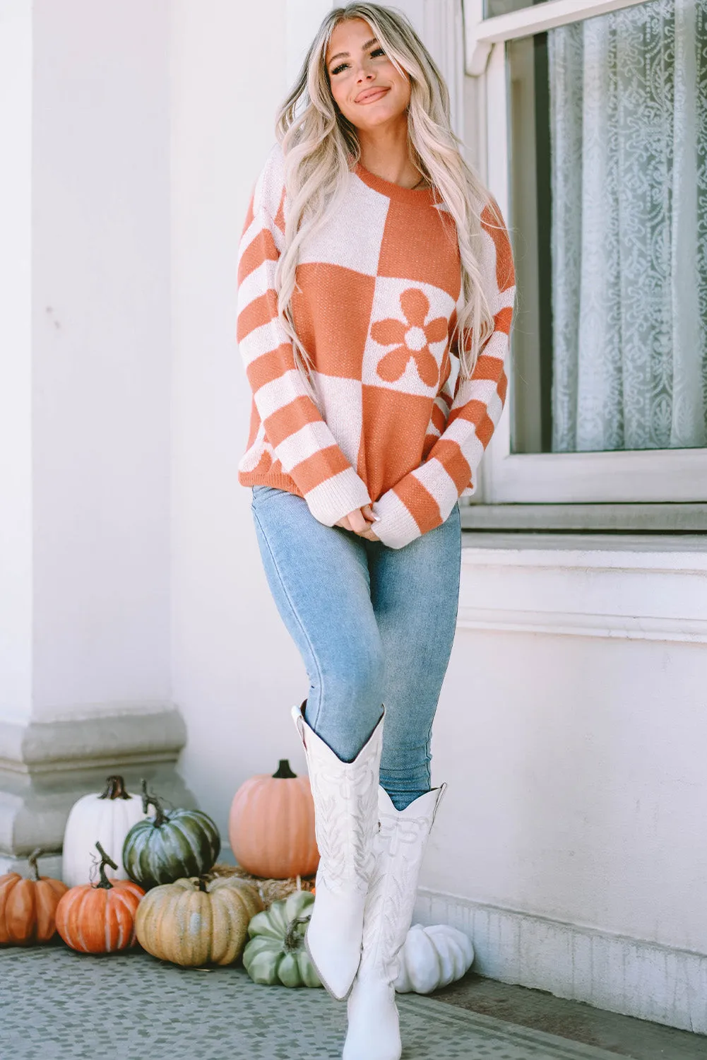 Women's Checkered Floral Print Striped Sleeve Sweater Pullover