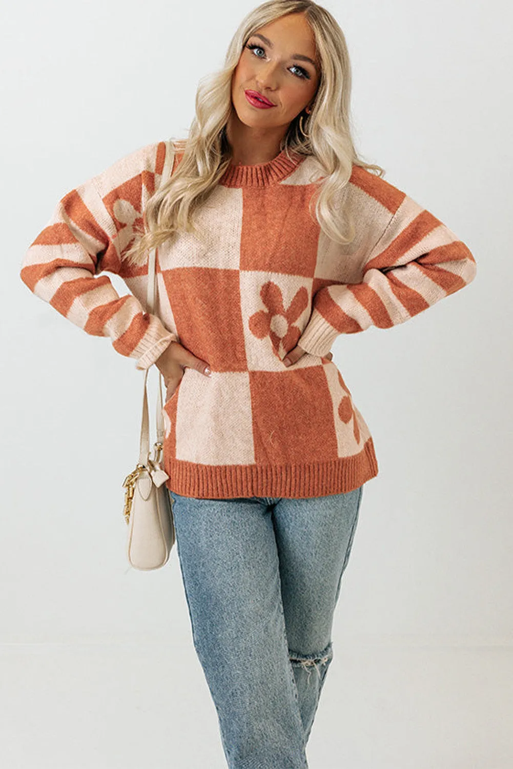 Women's Checkered Floral Print Striped Sleeve Sweater Pullover