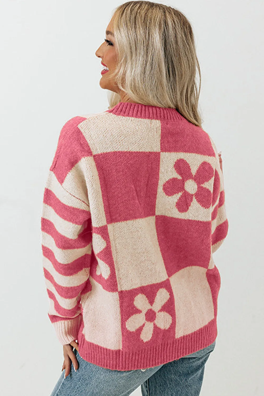 Women's Checkered Floral Print Striped Sleeve Sweater Pullover