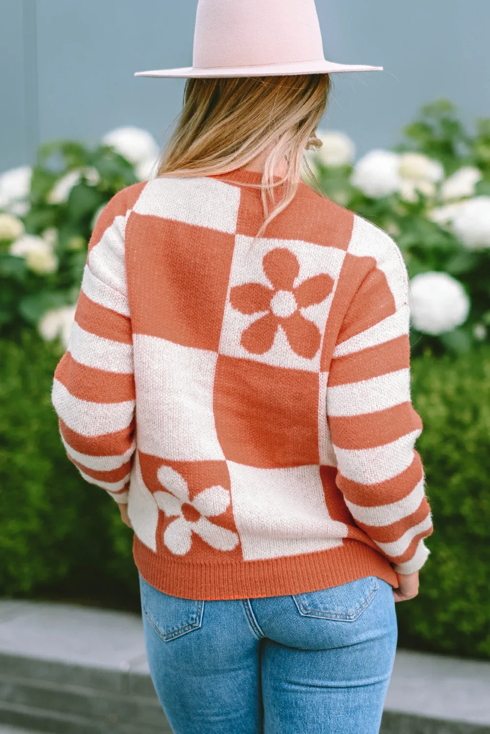 Women's Checkered Floral Print Striped Sleeve Sweater Pullover