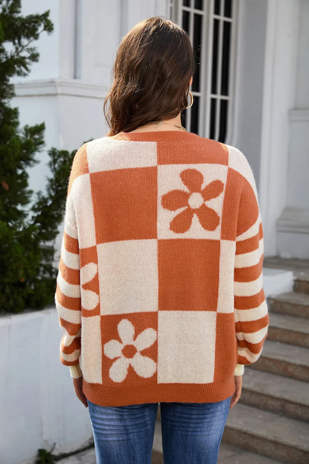 Women's Checkered Floral Print Striped Sleeve Sweater Pullover
