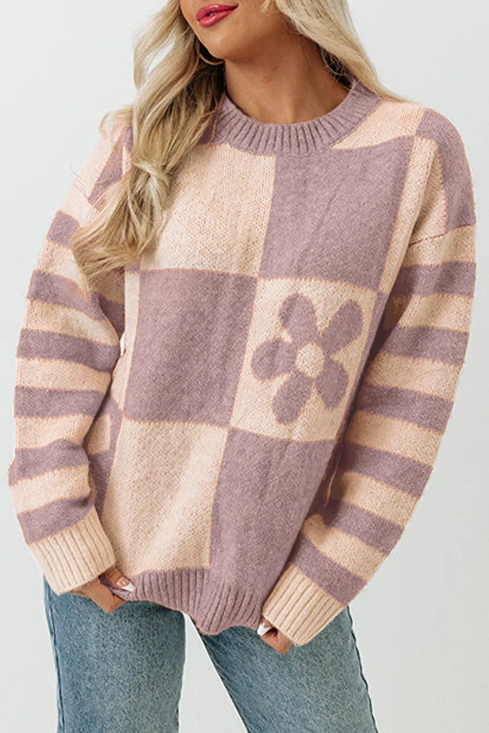 Women's Checkered Floral Print Striped Sleeve Sweater Pullover