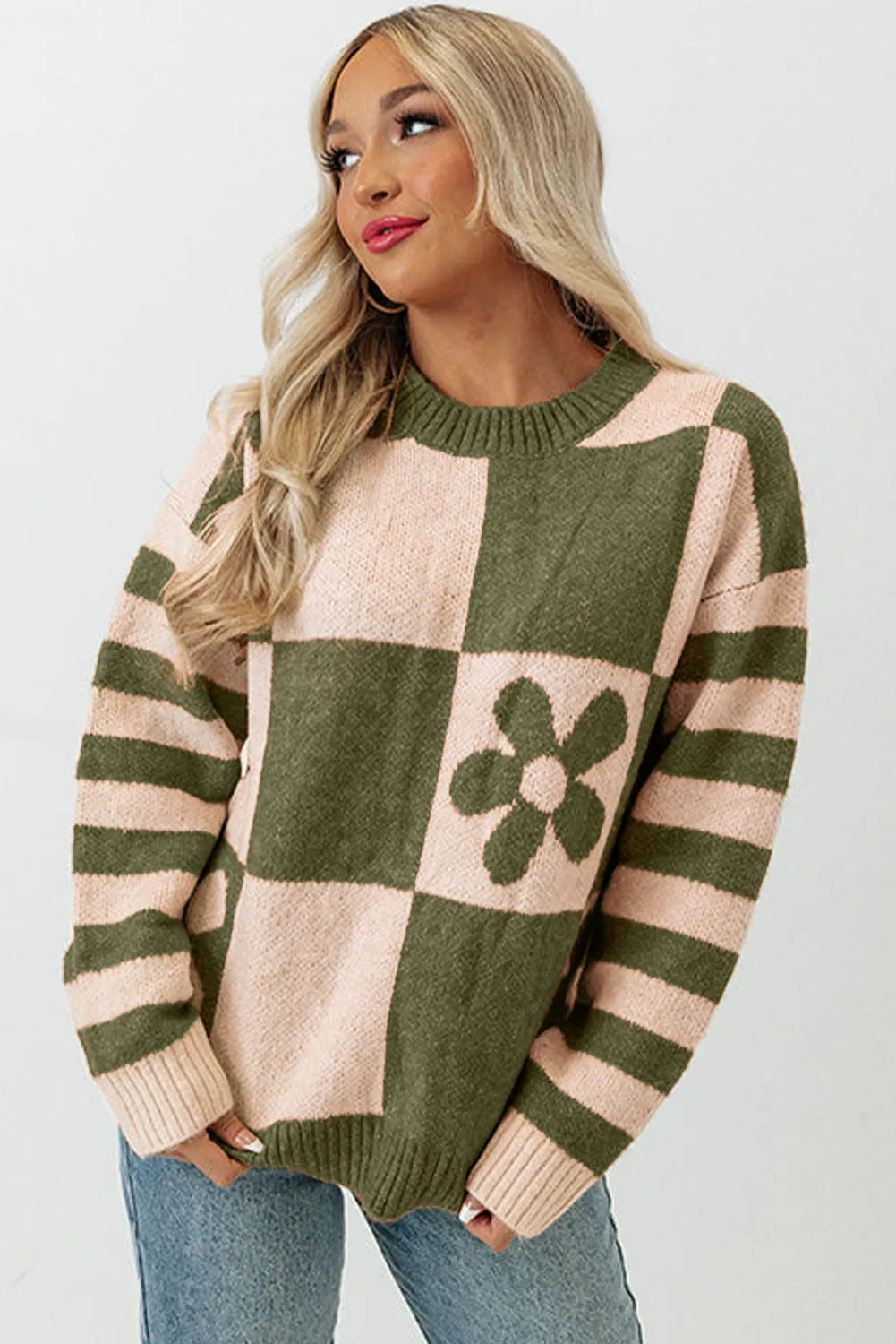 Women's Checkered Floral Print Striped Sleeve Sweater Pullover