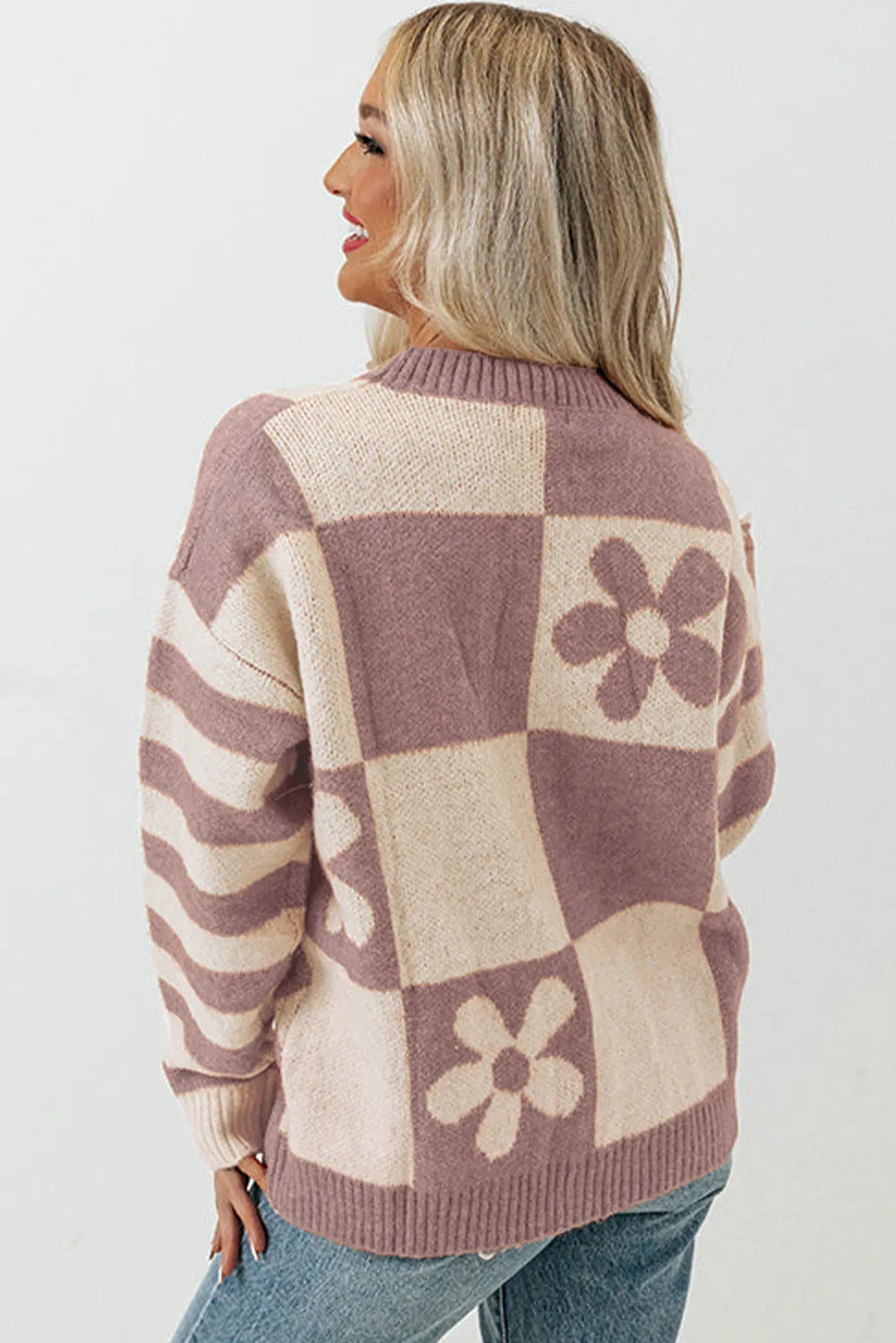 Women's Checkered Floral Print Striped Sleeve Sweater Pullover