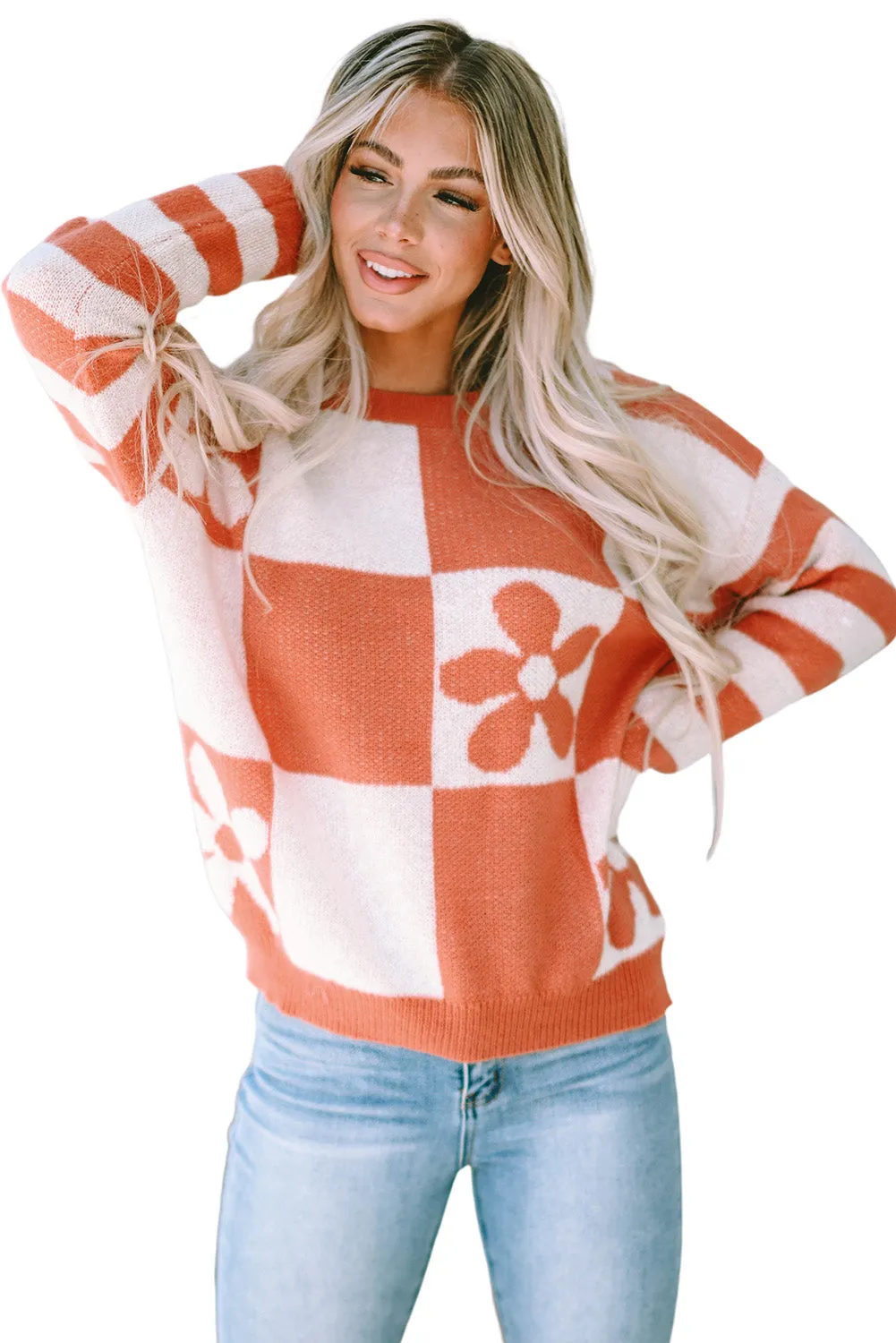 Women's Checkered Floral Print Striped Sleeve Sweater Pullover